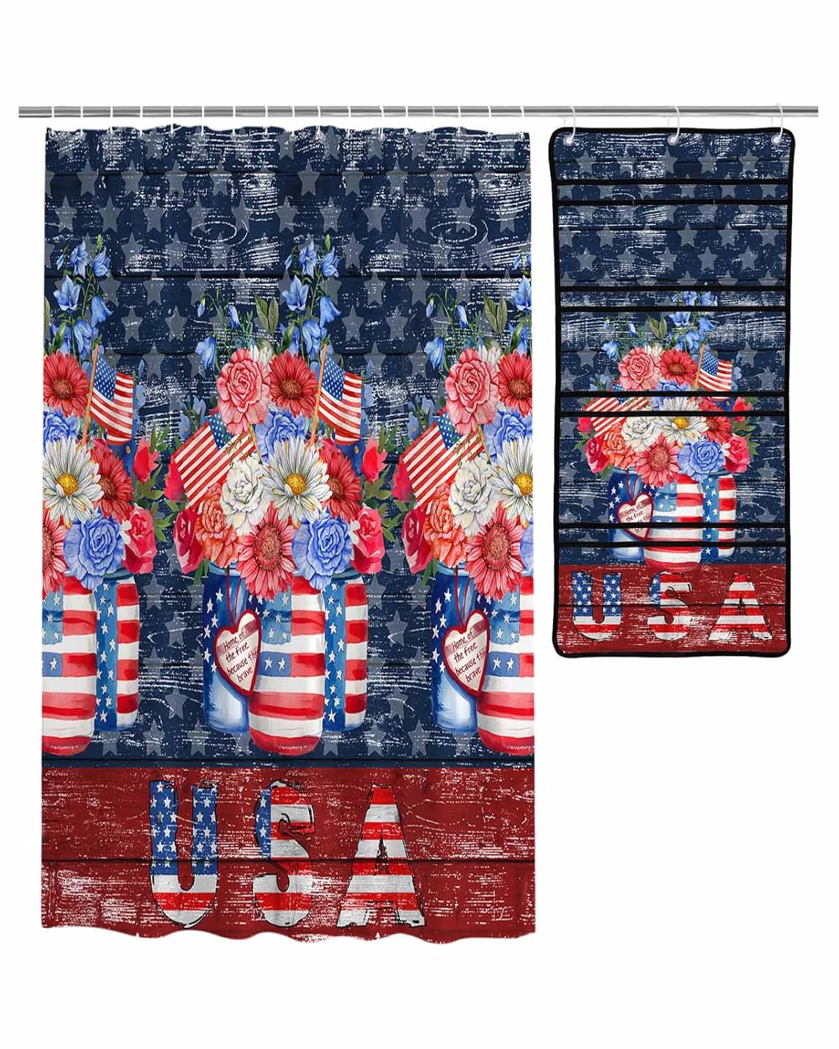 ZFUNCING Shower Curtain Mesh Shower Organizer Set Vintage American Patriotic Flower Waterproof Bath Curtains Hanging Shower Caddy Bathroom