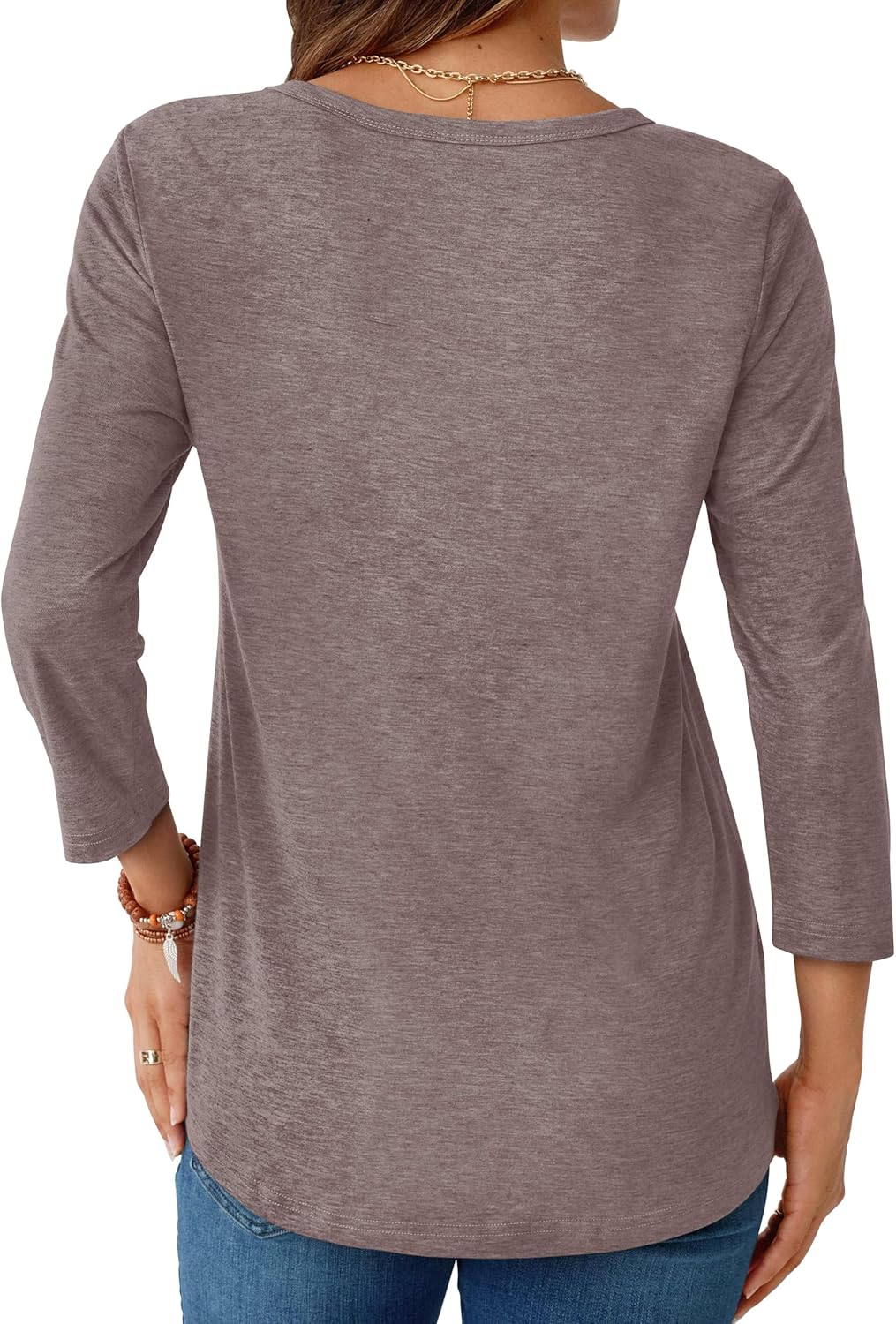 Womens Tops 3/4 Sleeve Shirts Round Neck Casual Blouses Basic Loose Fit Pullover Tshirts - Image 4