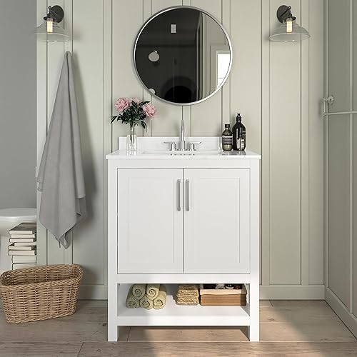 EMMA + OLIVER Vesta - Tocador de baño de 30 pulgadas, gabinete de fregadero individual con 2 puertas de cierre suave y estante abierto, encimera con