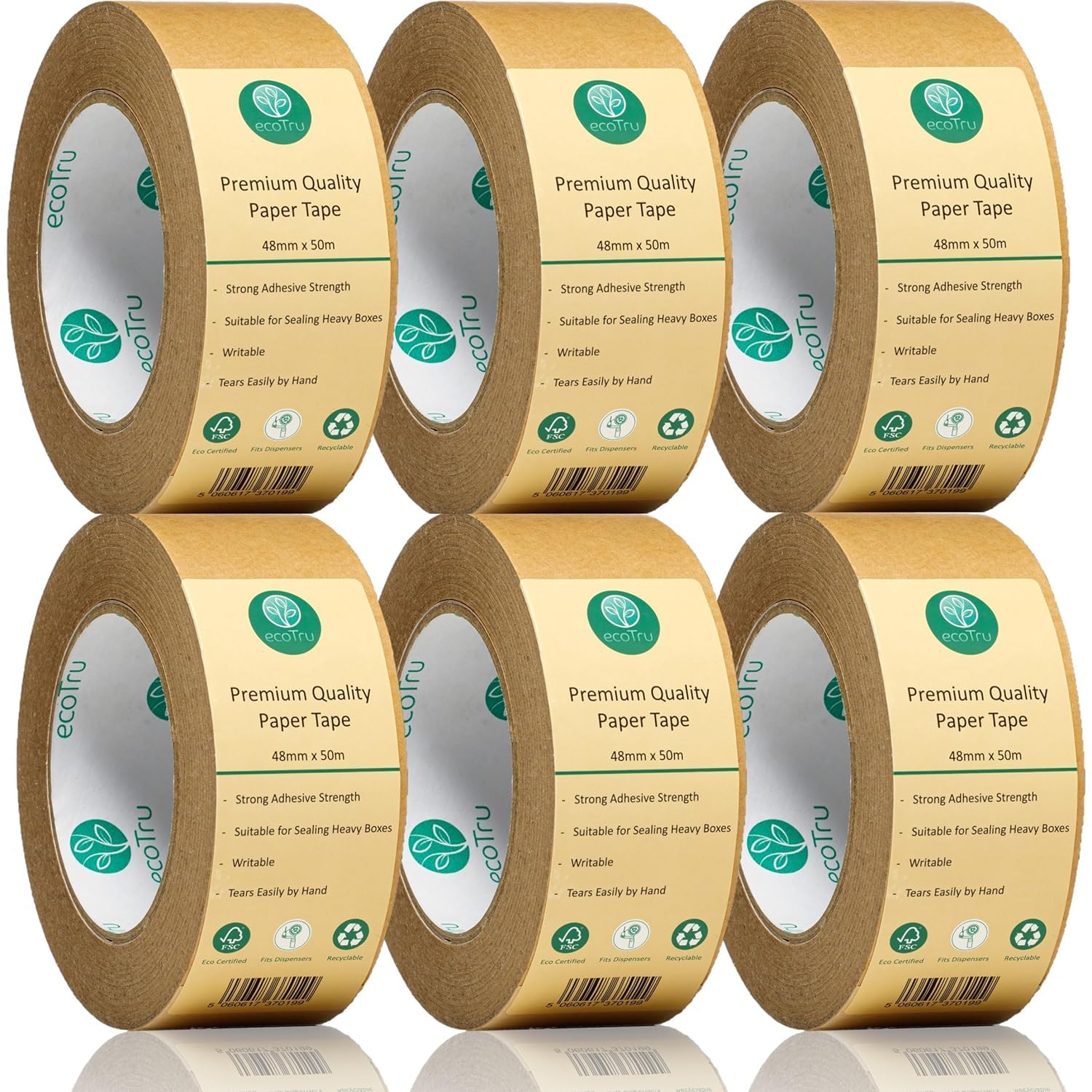 ecotru Ultra Strong Kraft Paper Packing Tape, 6 Rolls Heavy Duty Bulk Pack, Brown Biodegradable Box Packing Tape for Parcels & Office Use, Fast &