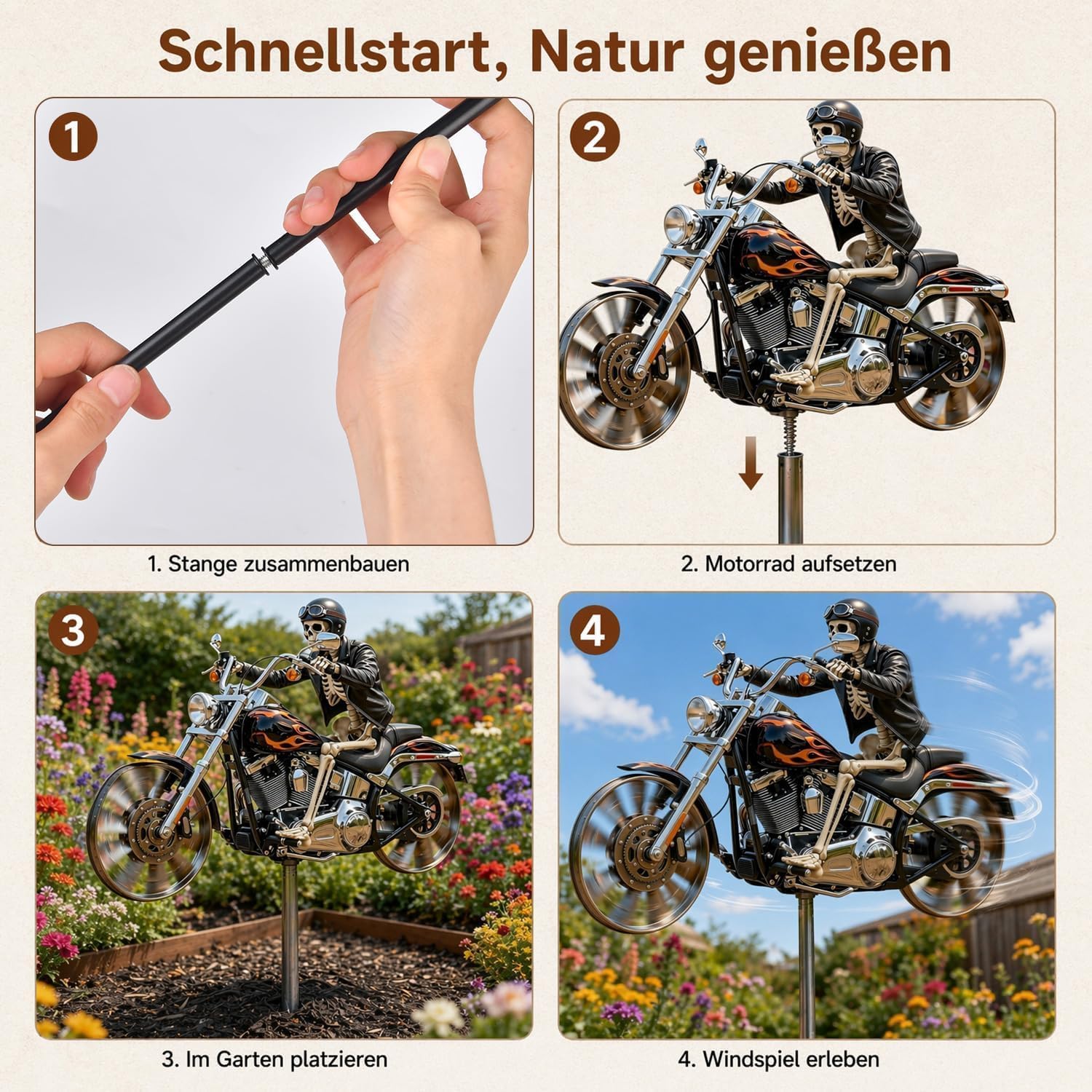 Skelett Motorrad Windspiel, Motorrad Windrad Garten Windspiel, Biker-Totenkopf-Windmühlenpfahl Skelett-Motorrads Gartenspinner, für Terrasse, Hof, Gartens, Garden Decoration