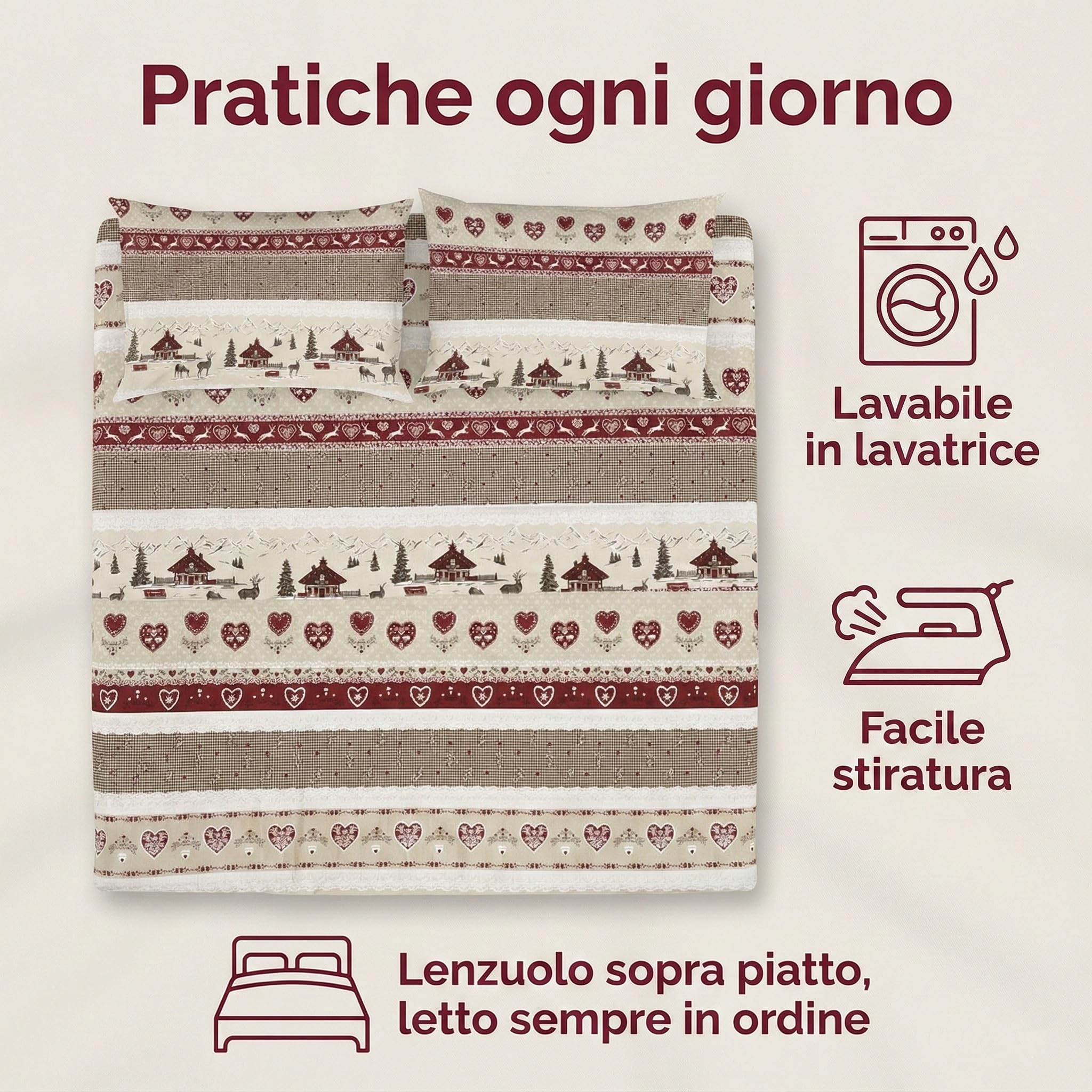 Tex family Completo Lenzuola Tirolese Valbadia - 100% Cotone Made in Italy - Stile Montagna Cervi e Baite - Due Piazze