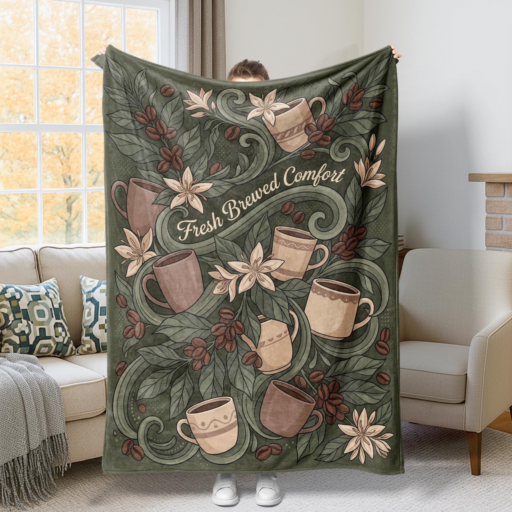Jeté de lit molleton anti-froid grand plaid vert fleurs pour canapé