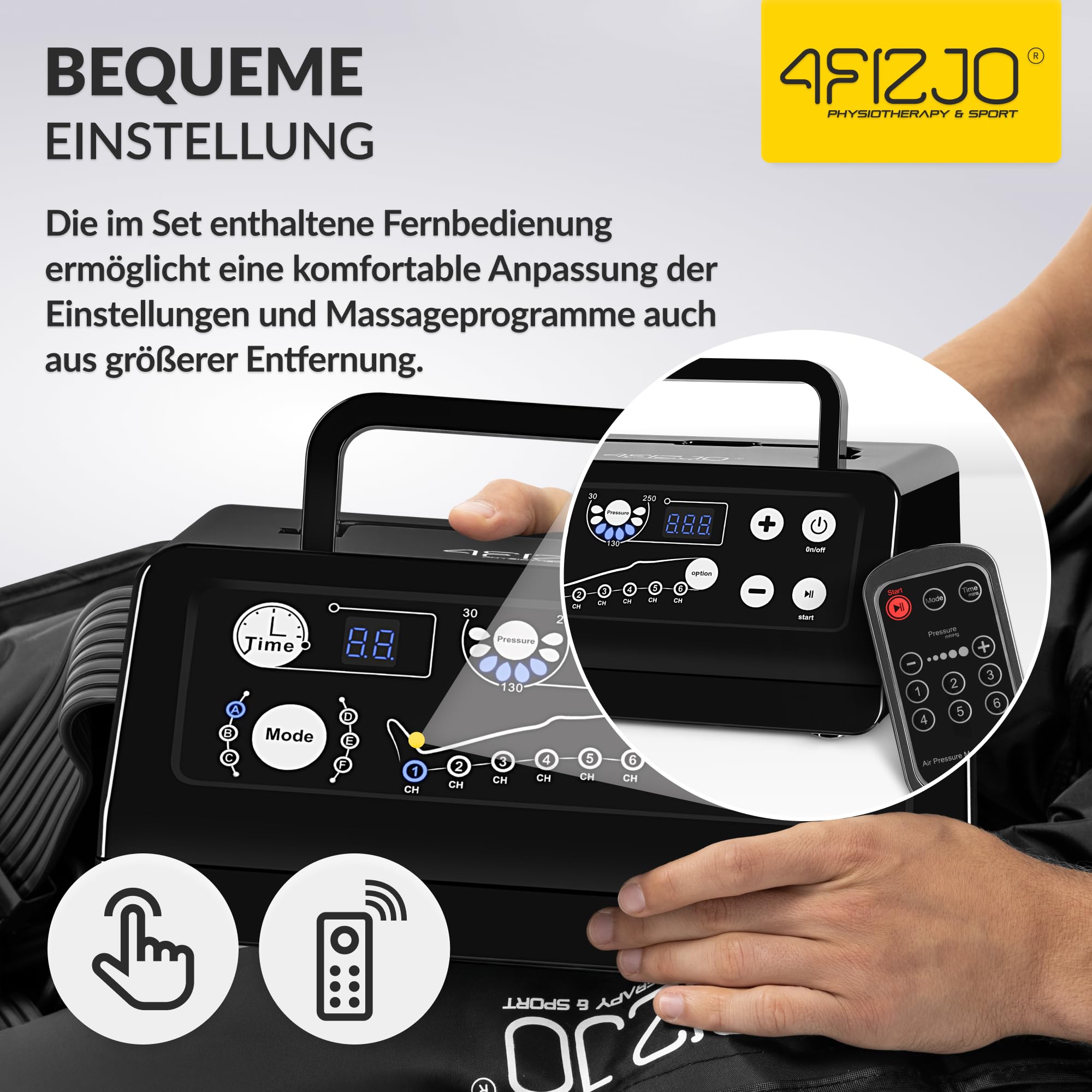 4FIZJO Lymphdrainage-Gerät MED C6, Pressotherapie, Beinmassagegerät, Für Venenrückfluss & gegen Wassereinlagerungen, Maximale Recovery & Entspannung, 30-250 mmHG, 6 Luftkammern, 6 Massageprogramme