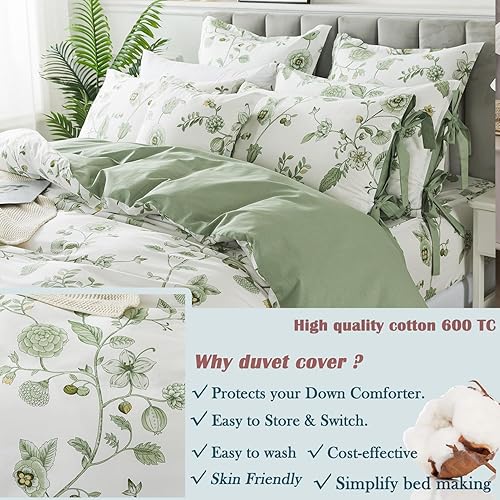 Miniatura 5 de FADFAY Juego de funda de edredón verde tamaño matrimonial, ropa de cama floral 100% algodón, estilo Shabby vintage, reversible, con cremallera,
