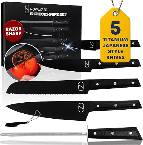 NOVAWARE Juego de cuchillos de cocina de 5 piezas Juego de cuchillos de chef ultra afilados de 60 HRC, acero recubierto de titanio negro, asas