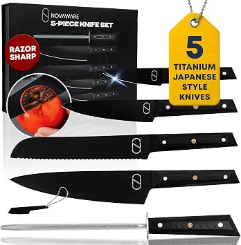 NOVAWARE 5 Pc Kitchen Knife Set Ultra Sharp 60 HRC Chef Knife Sets, Black Titanium Coated Steel, Ergonomic G10 Handles Chef Knives Without Block + Mini-Knife, Professional Knives Set for Kitchen