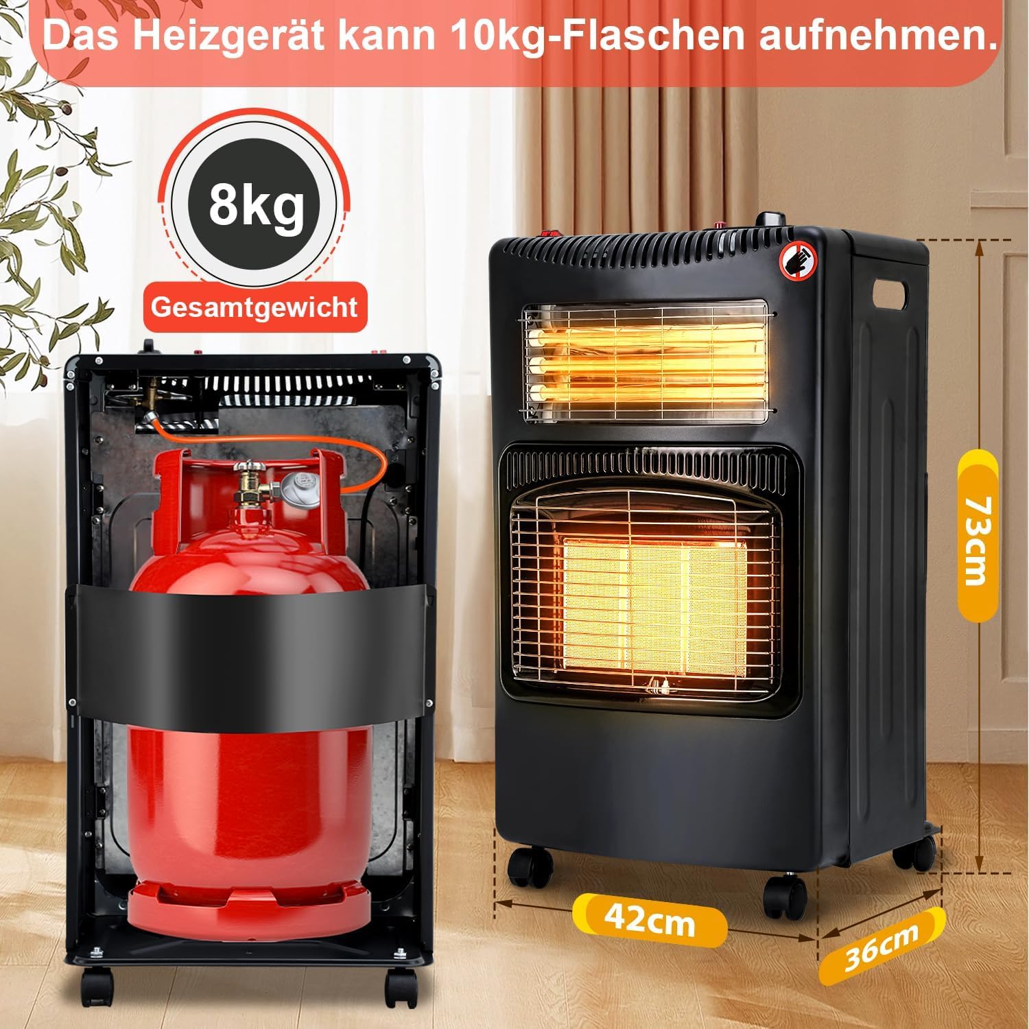4200 Watt Gasheizung/Stromheizung Hybrid inkl. Gasdruckregler-Set | drinnen & draußen (Gasheizer nur draußen) | Heizstrahler für Butan- und Propangasflaschen bis 11kg | Stromanschluss