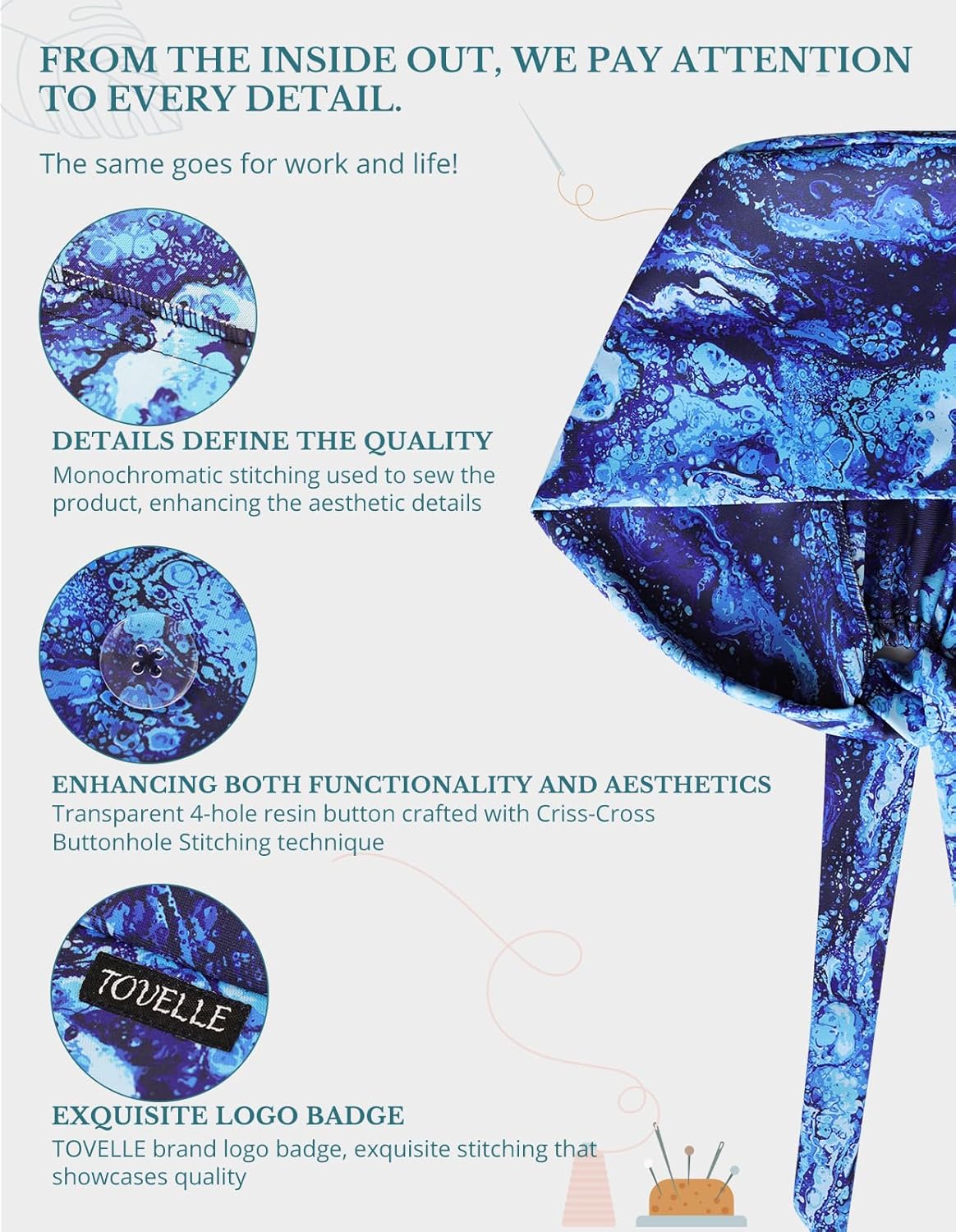 Navy Blue Double-Sided Printed Scrub Caps for Men and Women with Buttons, Adjustable Helps Reduce Static Buildup Medical Hats, Classic and Breathable Surgical Caps with Sweatband for Long Hours - Image 2