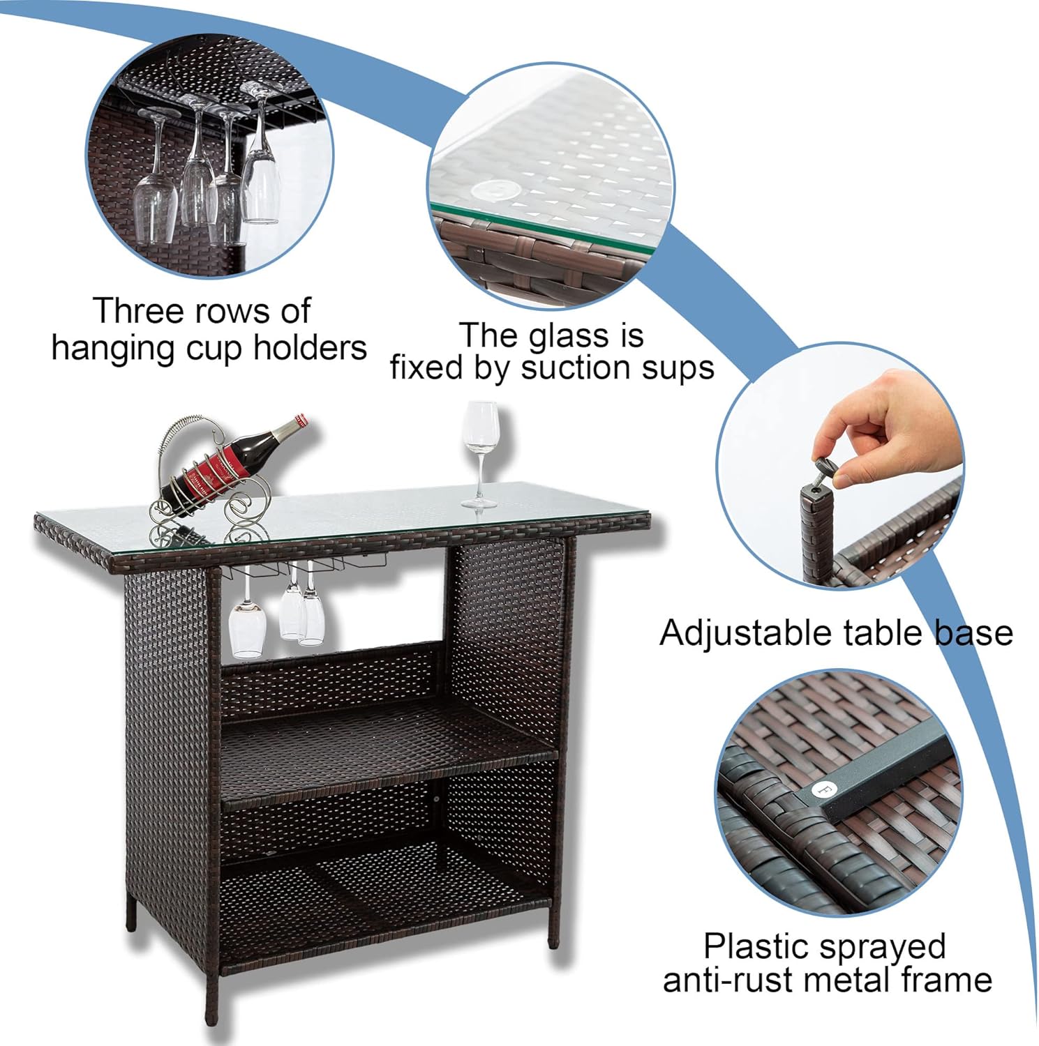 Outdoor Patio Bar Table, PE Wicker Bar Counter Table with 3 Set of Rails, Tempered Glass Desktop, Waterproof Cover, Suitable for Outdoor, Patio, Poolside, Garden. : Patio, Lawn & Garden