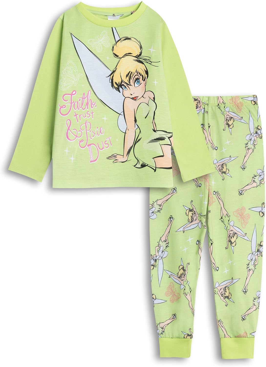 Disney Tinkerbell Girls Green Long Sleeve Long Leg Pyjama Set | Inspirational Print Kids Sleepwear Loungewear Merch