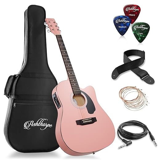 Ashthorpe Full-Size Cutaway Thinline Acoustic-Electric Guitar Package - Premium Tonewoods - Pink