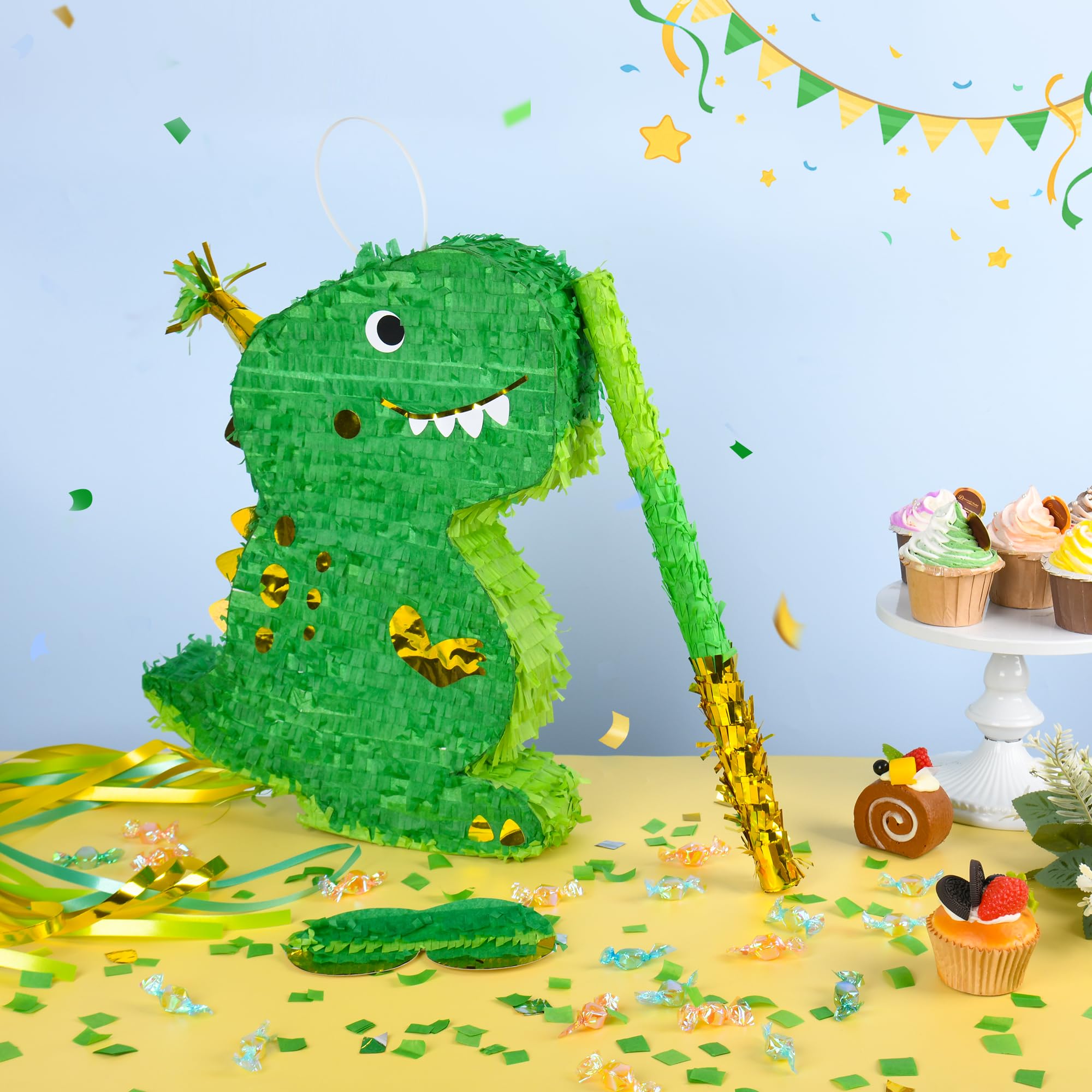 Paquete de piñata de dinosaurio pequeño con venda, murciélago y confeti (16.5 x 12 x 3 pulgadas), perfecto para fiestas de cumpleaños, fiestas temáticas de animales, decoraciones