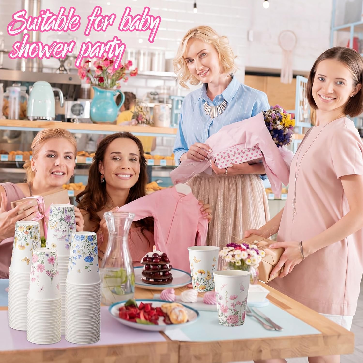 Funnymoom 120 Pcs Spring Wildflower Paper Cups 12 oz Colorful Floral Beverage Cups Decorative Dinnerware Flower Party Decorations for Wedding Baby Shower Tea Dining Birthday Party Supplies