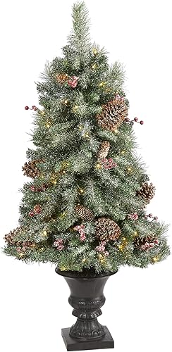 Nearly Natural Árbol de Navidad artificial de pino esmerilado, piñón y bayas con 100 luces LED transparentes en urna decorativa, color verde