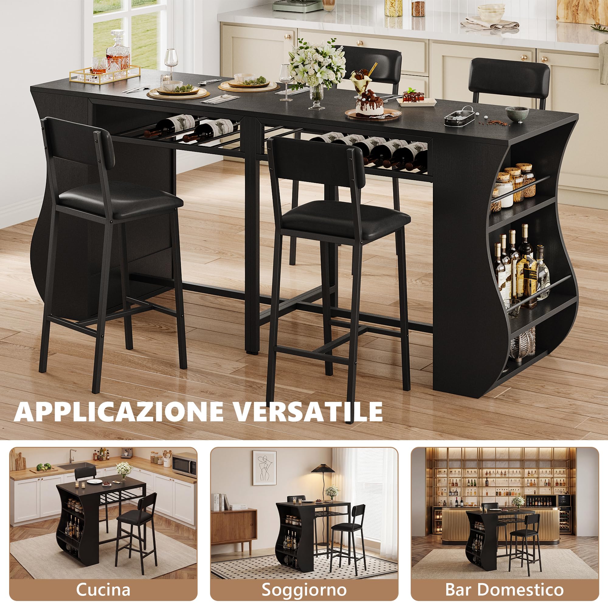 FEONASE Set da 3 pezzi con tavolo da bar e sgabelli con 2 ripiani portaoggetti e portabottiglie per vino, set da cucina Moden con tavolo da pranzo piccolo e sedie, per piccoli spazi, struttura in