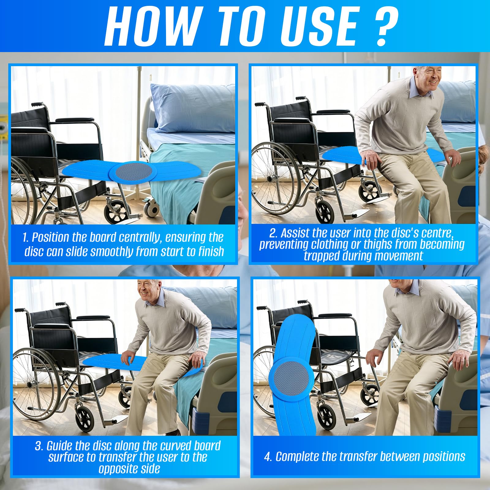 Transferbrett für Rollstuhlfahrer, 90 cm Patientenlifter Transferhilfe Rutschbrett mit 360° Verschiebbarer Drehscheibe, 150 kg Tragkraft,Transfer Senioren vom Rollstuhl zum Bett, Toilette, Auto