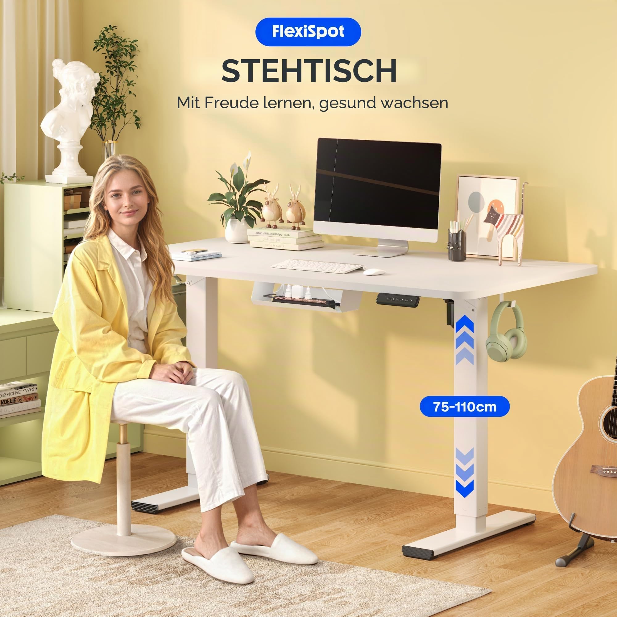 FlexiSpot Höhenverstellbarer Schreibtisch Basic 120x60cm Weiß Kabelmanagement Haken EINTEILIGER Tischplatte Ergonomischer Bürotisch
