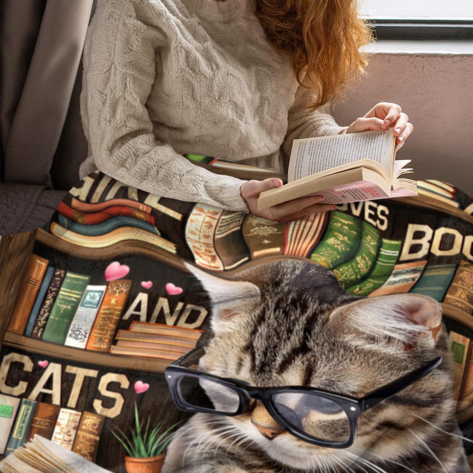 CYREKUD Book & Cat Lovers Throw Blanket - Soft Microfiber, 50x60 Inches, 3D Print Design For Couch Or Bed