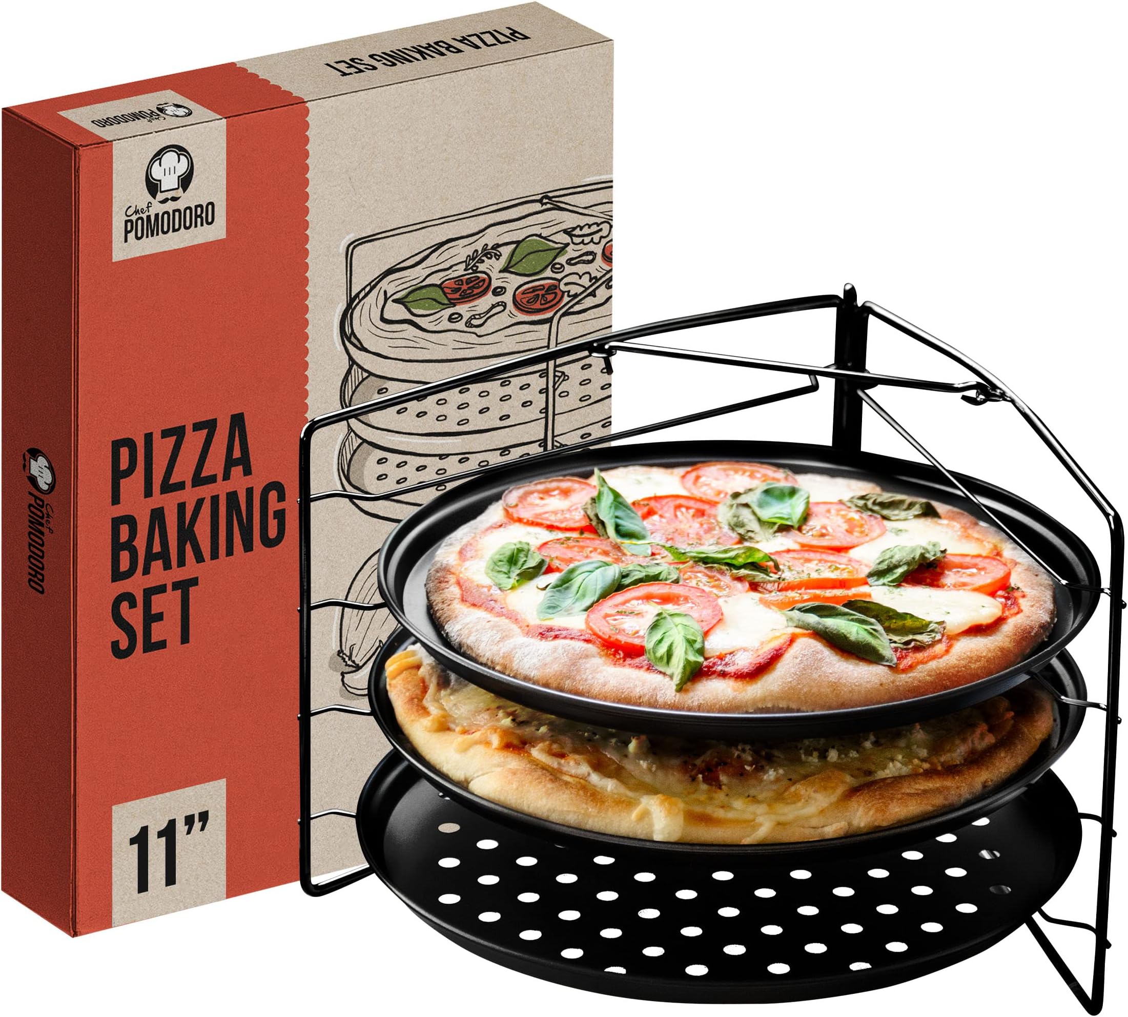 Chef Pomodoro Pizza Baking Set with 3 Pizza Pans and Pizza Rack, Non-stick Perforated Pizza Trays, for Oven