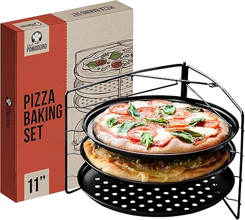 Miniatura 10 de Chef Pomodoro Juego de hornear pizza con 3 bandejas para pizza y estante para pizza, 13 pulgadas, soporte antiadherente para pizza y bandeja para