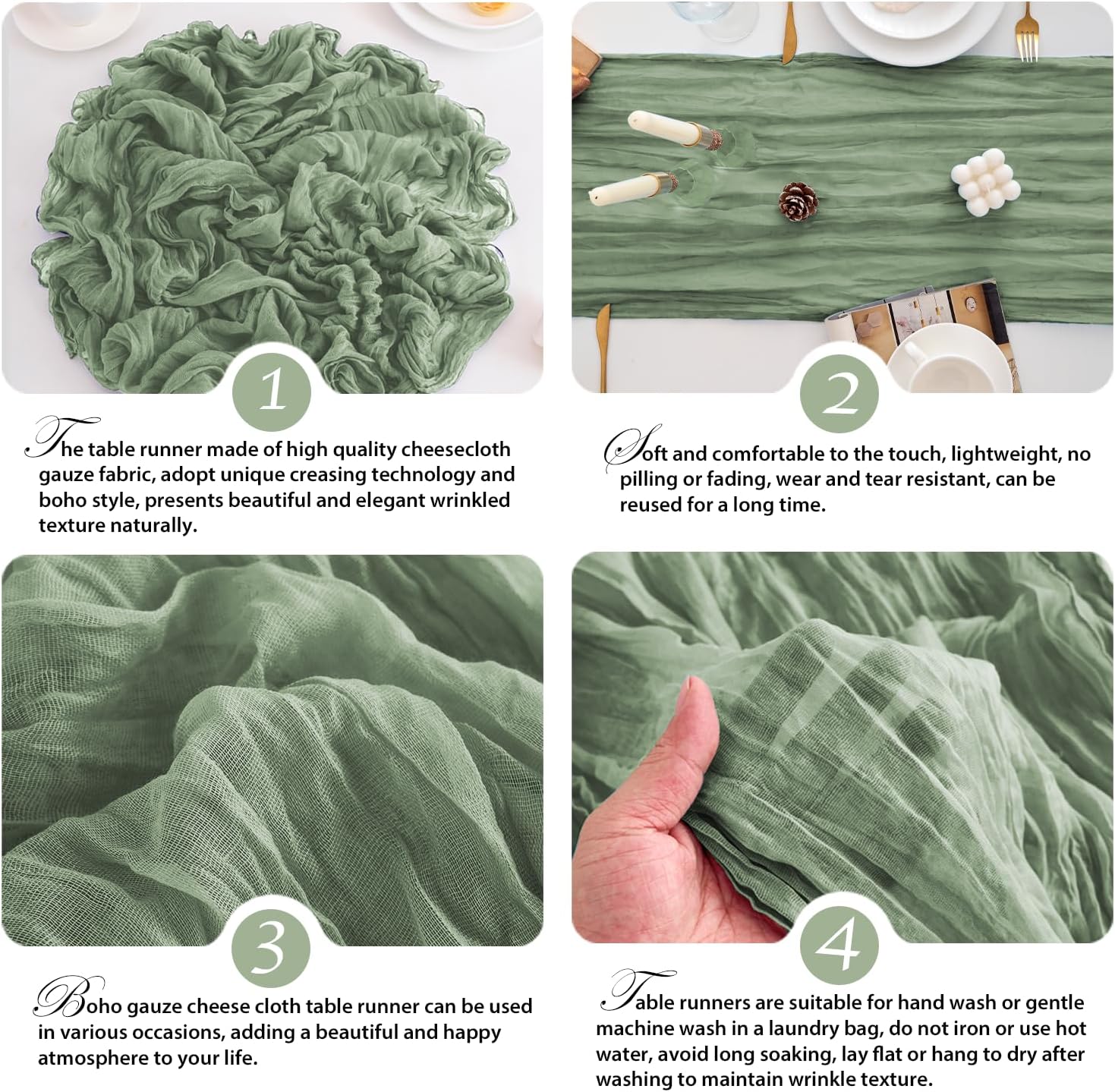 10 Pack Sage Green Table Runner 21x120 Inch Sage Green Cheesecloth Table Runner 10FT Boho Gauze Table Runner Long Cheese Cloth Table Runner Semi Sheer Runners for Wedding Bridal Baby Shower Party