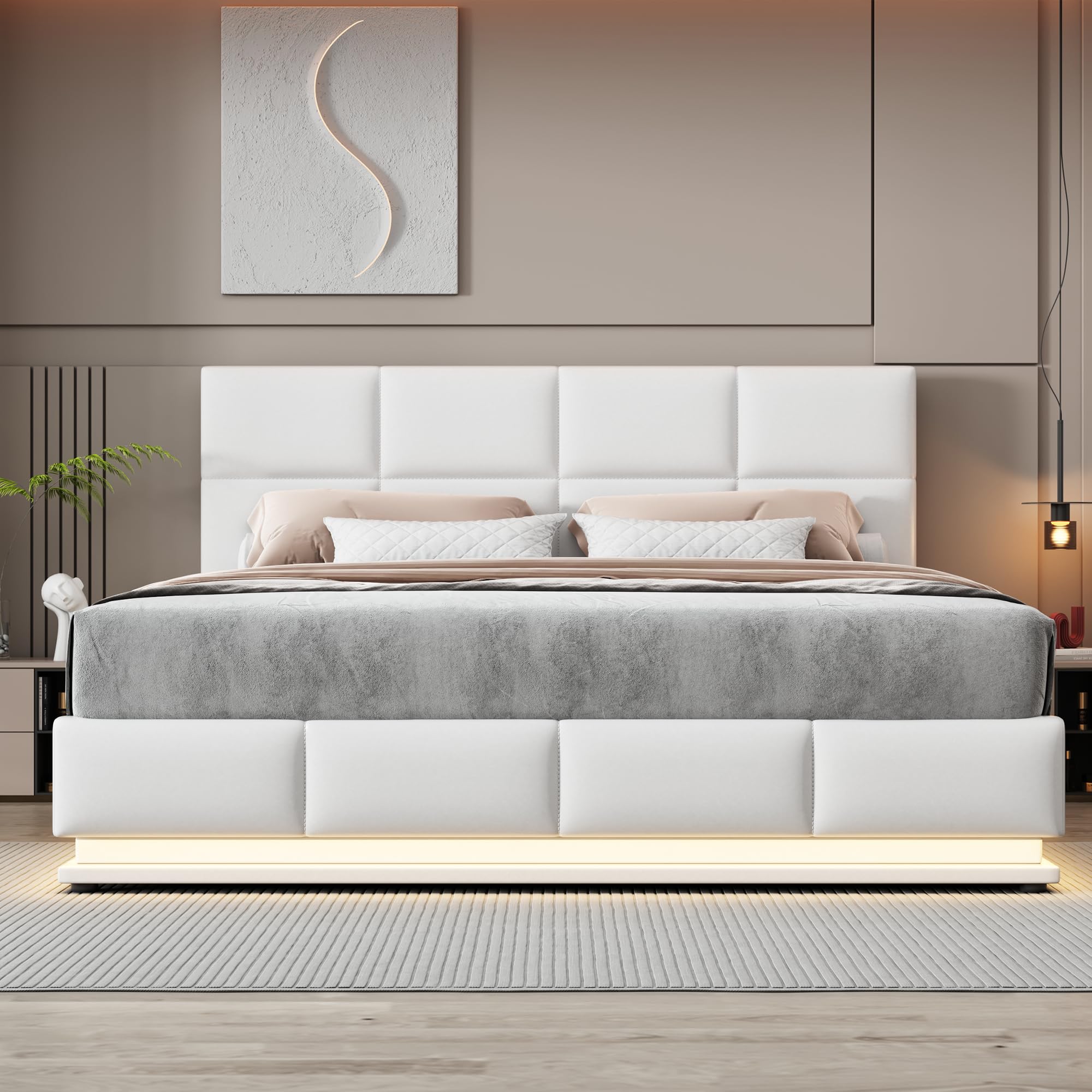 Merax Cama acolchada hidráulica de 180 x 200 cm, con espacio de almacenamiento, cama con iluminación LED, para jóvenes, adultos, piel sintética, color blanco (sin colchón)