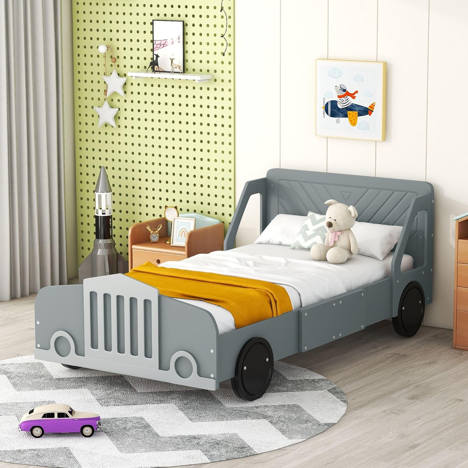 Rhomtree Wood Car-Shaped Platform Bed with Wheels Headboard & Footboard, Solid Wood Platform Bed Frame Mattress Foundation Sleigh Bed with Wood Slat Support for Teens Adults(Gray, Twin)