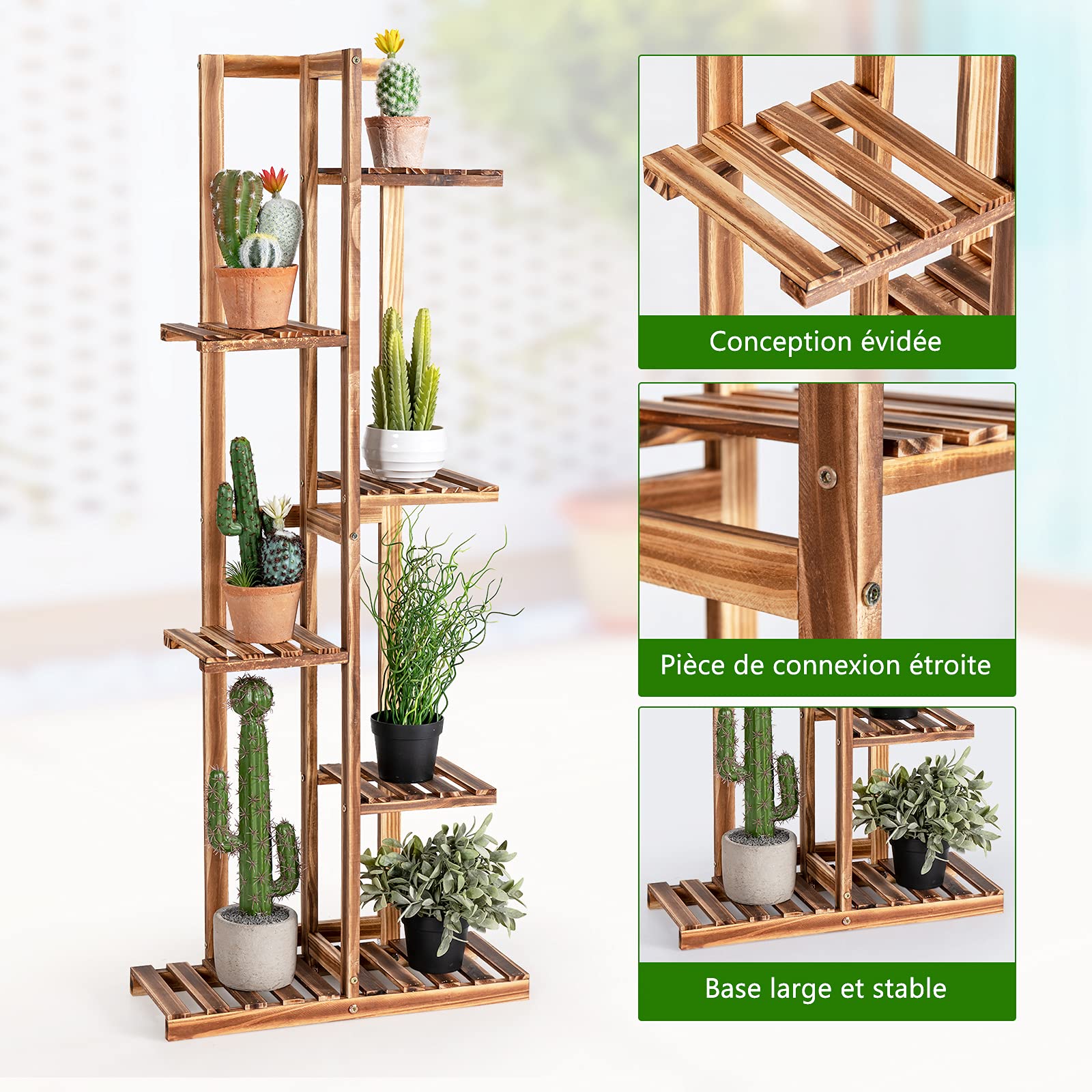 GOPLUS Porte-plantes à 5/6 Niveaux, Étagère à Fleurs en Bois de Pin, Support à Plantes pour Jardin, Balcon, Extérieur et Intérieur (6 Niveaux)