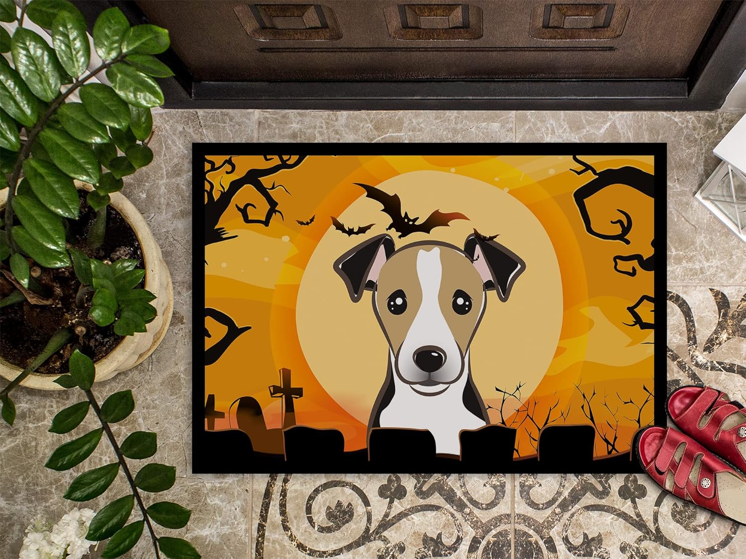 Caroline's Treasures BB1819MAT Halloween Jack Russell Terrier Doormat 18x27 Front Door Mat Indoor Outdoor Rugs for Entryway, Non Slip Washable Low Pile, 18H X 27W