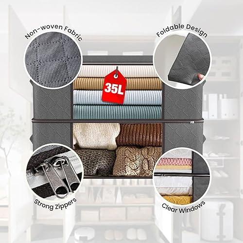 Miniatura 3 de Joymeezo Paquete de 6 bolsas de almacenamiento de 35 L, contenedores de almacenamiento plegables para armario, bolsas de almacenamiento con