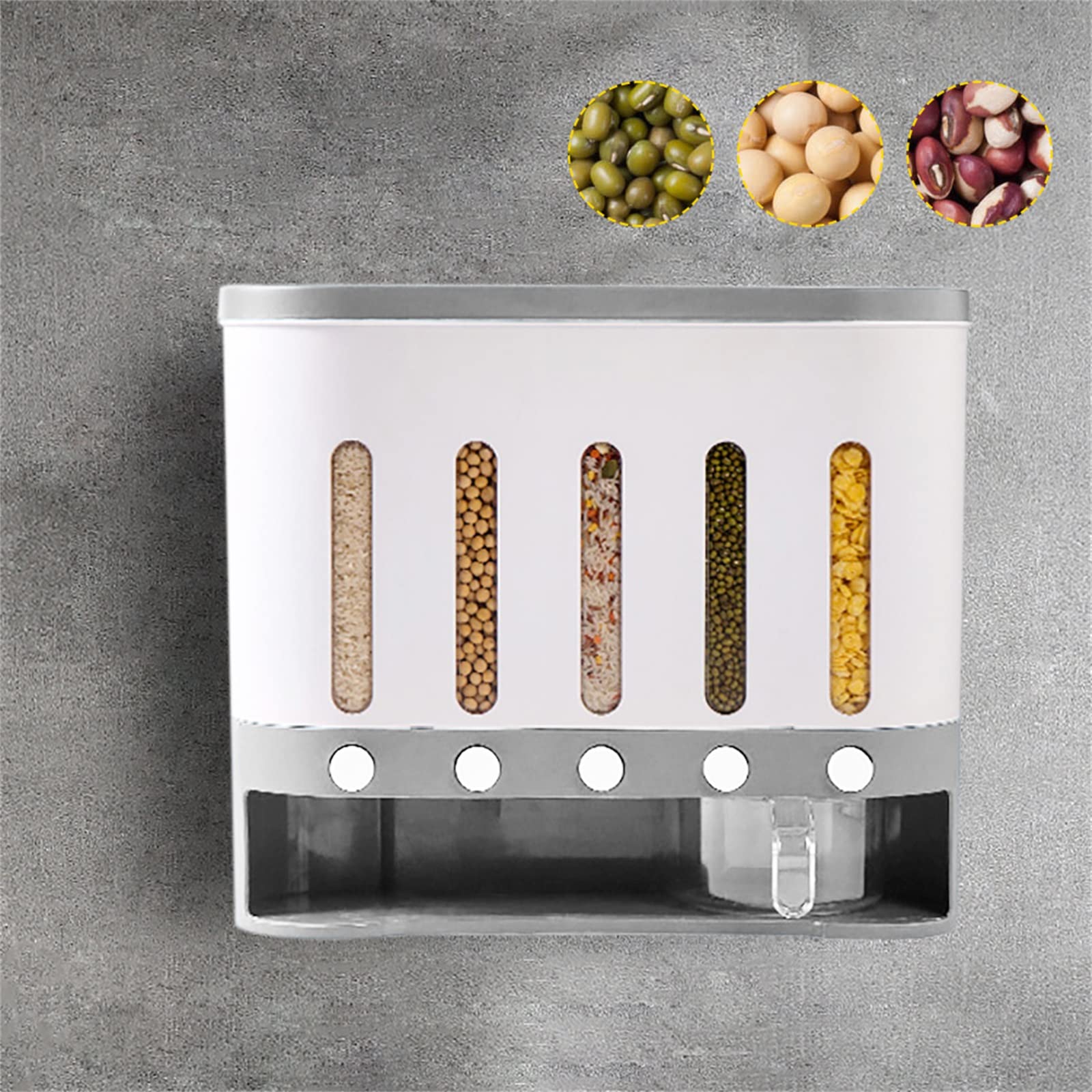 Dispensador de alimentos secos de 5 rejillas, 10 L, montado en la pared, dispensador de alimentos secos, contenedor de almacenamiento de alimentos secos para el hogar y la cocina
