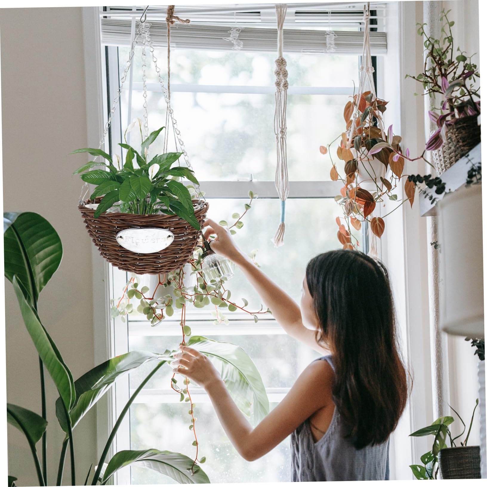 Fioriera Sospesa in Rattan e Metallo Marrone, Confezione da 2 Pezzi, per Casa e Dormitorio, Cesto da Appendere per Piante e Fiori