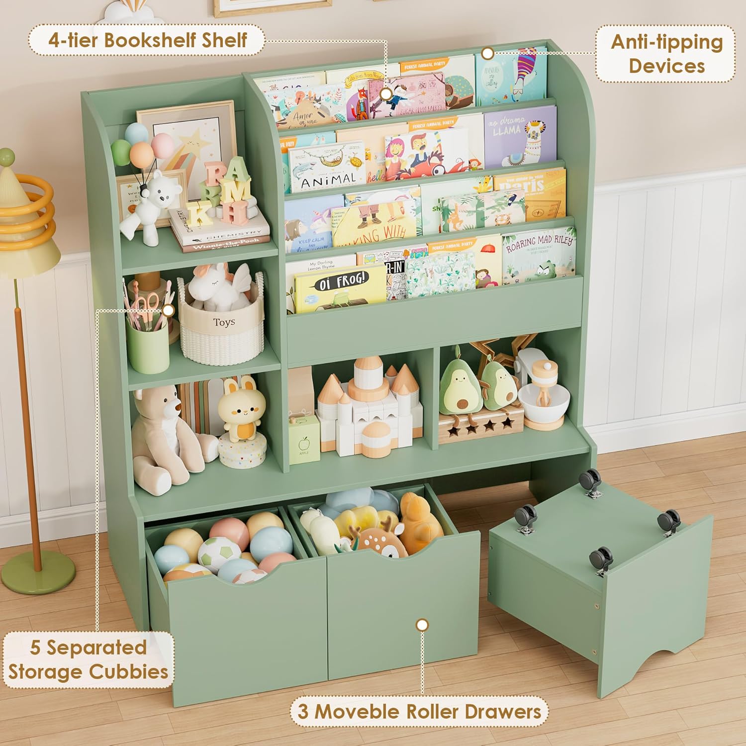 FOTOSOK 47'' Kids Bookshelf with Toy Storage, Multifunctional Bookcase with 5 Storage Cubbies and 3 Movable Drawers, Toy Storager Display Stand, Toy Organizer and Storage for Playroom,Bedroom, Green