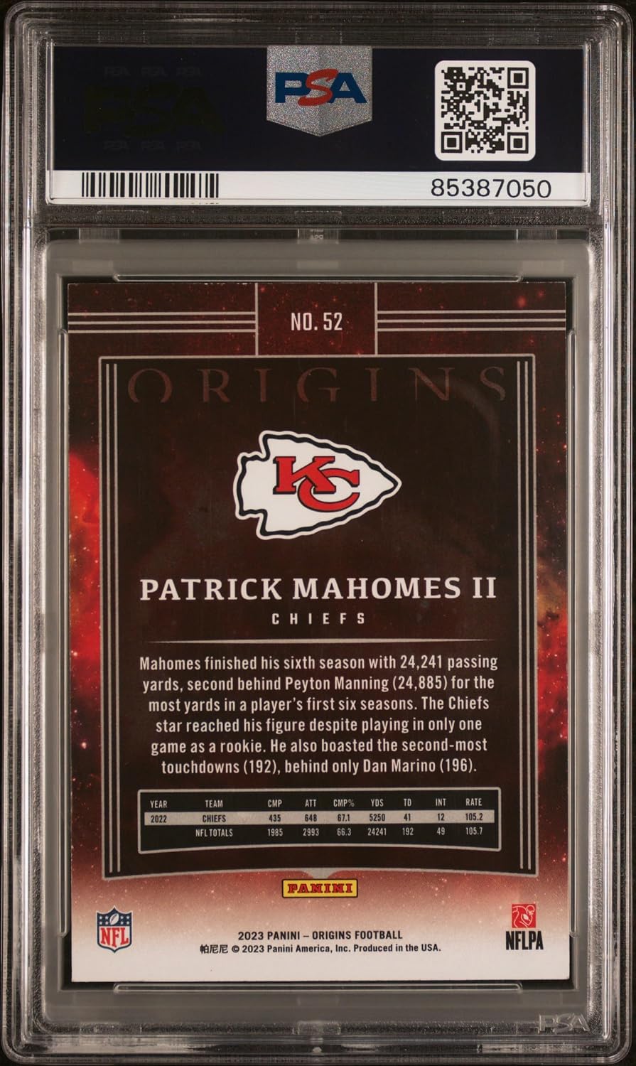 Patrick Mahomes II 2023 Panini Origins Purple Football Card #52 Graded PSA 8 16/17 Cert #85387050