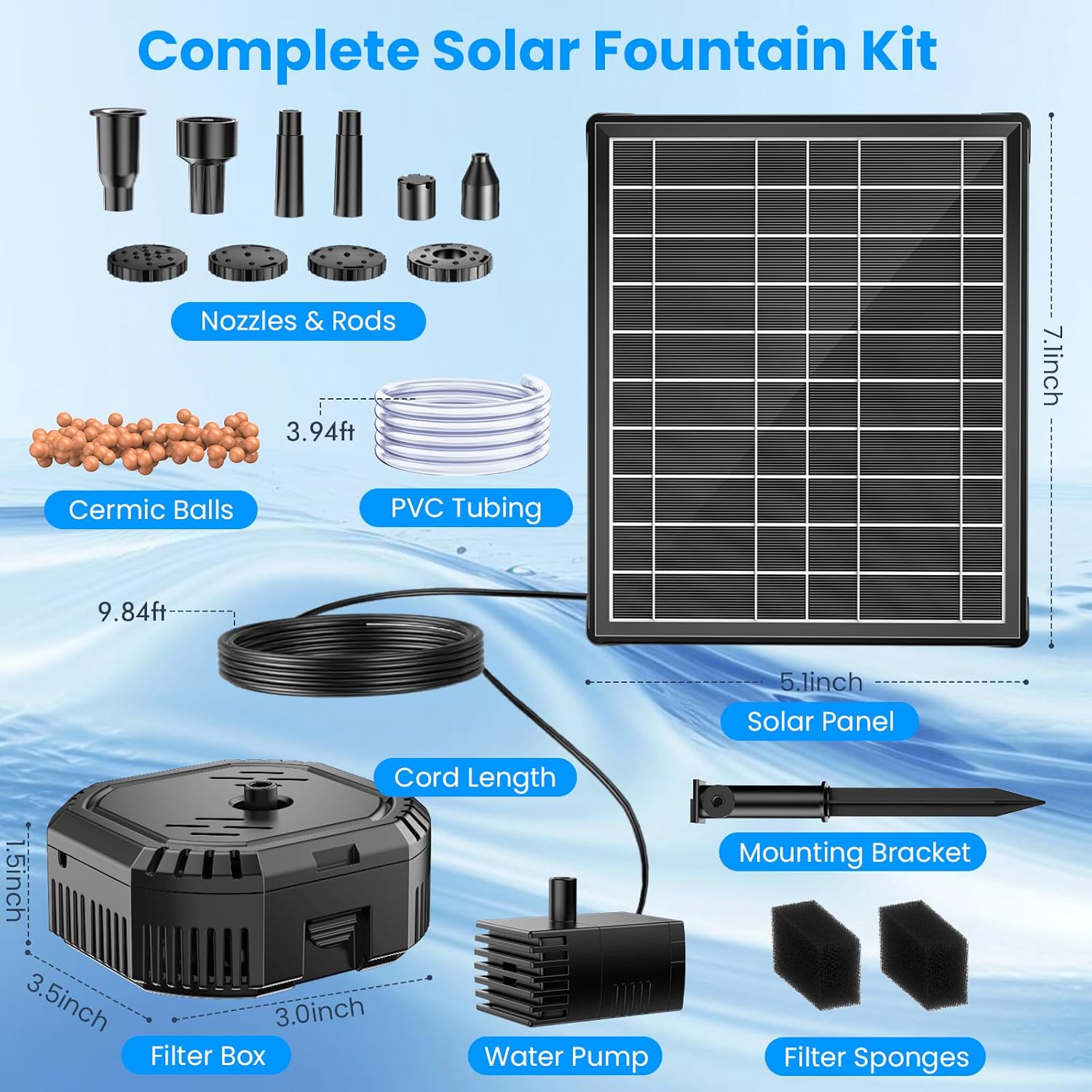 Antfraer 7W Solar Fountain Pump with 3600mAh Battery Backup & Pond Filter, Solar Water Fountain Pump with 8 Nozzles & PVC Tubing, Solar Fountain for Bird Bath, Small Ponds, Waterfall, Hydroponics