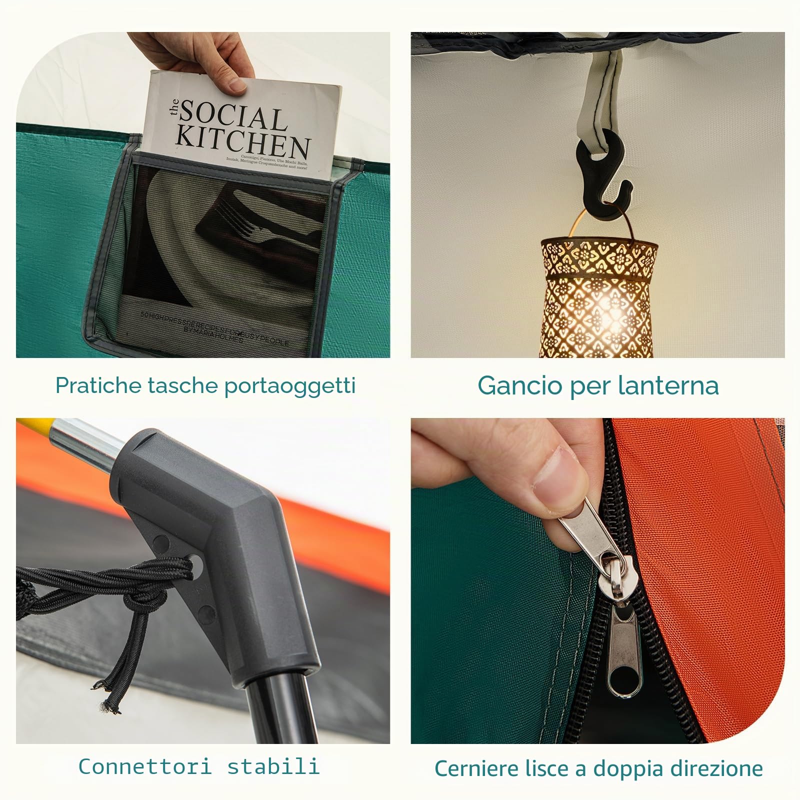 FANTASK Tenda grande con tenda e pavimento, tenda da campeggio per 4-6 persone, 2 stanze e 2 ingressi, tenda a tunnel con tetto rimovibile e borsa per il trasporto, verde