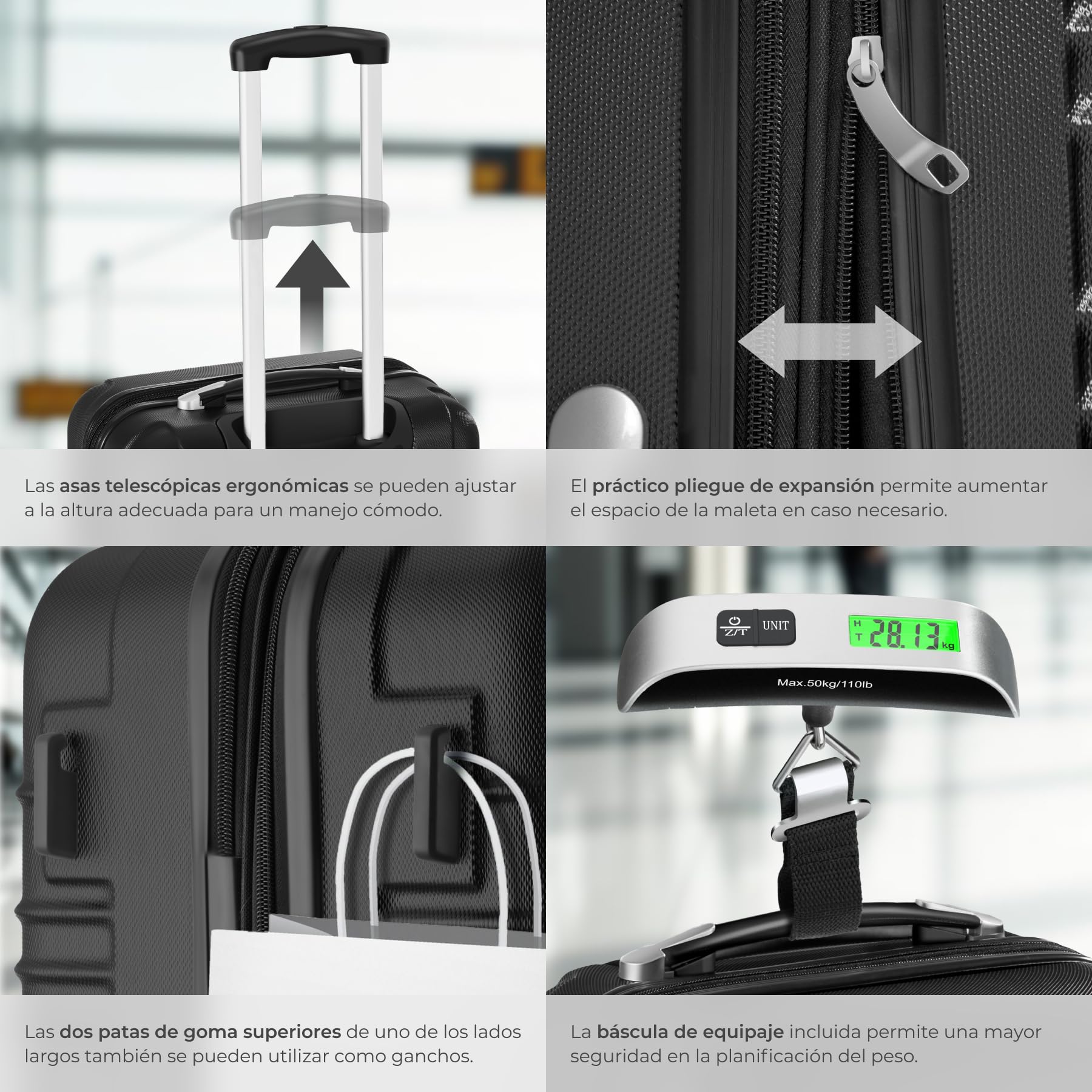 tectake® Juego de 4 Maletas Rígidas en ABS, con Báscula y Etiquetas de Equipaje, Set de Maletas de Viaje con Ruedas de 360º y Asa Telescópica, Cerradura de Combinación, Apilables Entre sí - Negro