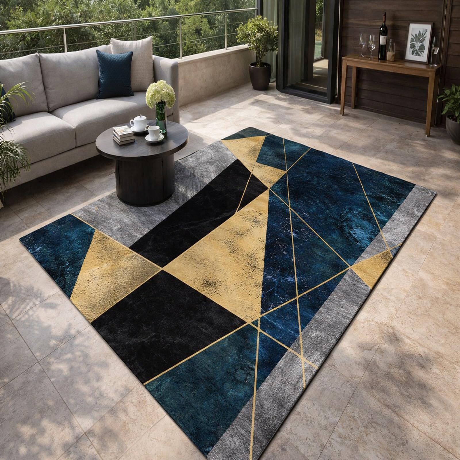 Tapis de salon géométrique abstrait doré pour créer une ambiance moderne dans votre bureau