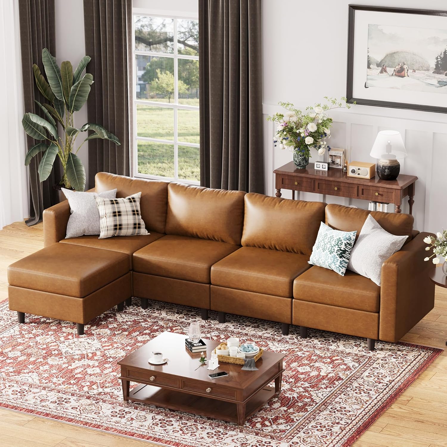 ABCASA 118.5" Faux Leather Modular Sectional Sofa, L Shaped Couch Set for Living Room, 5-Seater Comfy Cloud Couches with Movable Storage Ottoman,DIY Combination - Brown