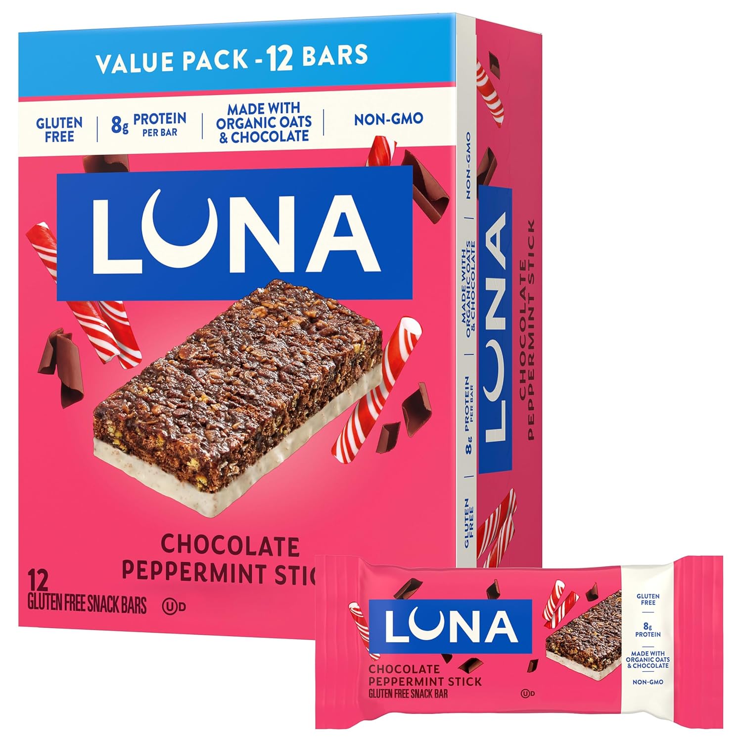 LUNA Bar Chocolate Peppermint Stick Flavor — Gluten-Free Protein Bar with Organic Oats (12 Pack)