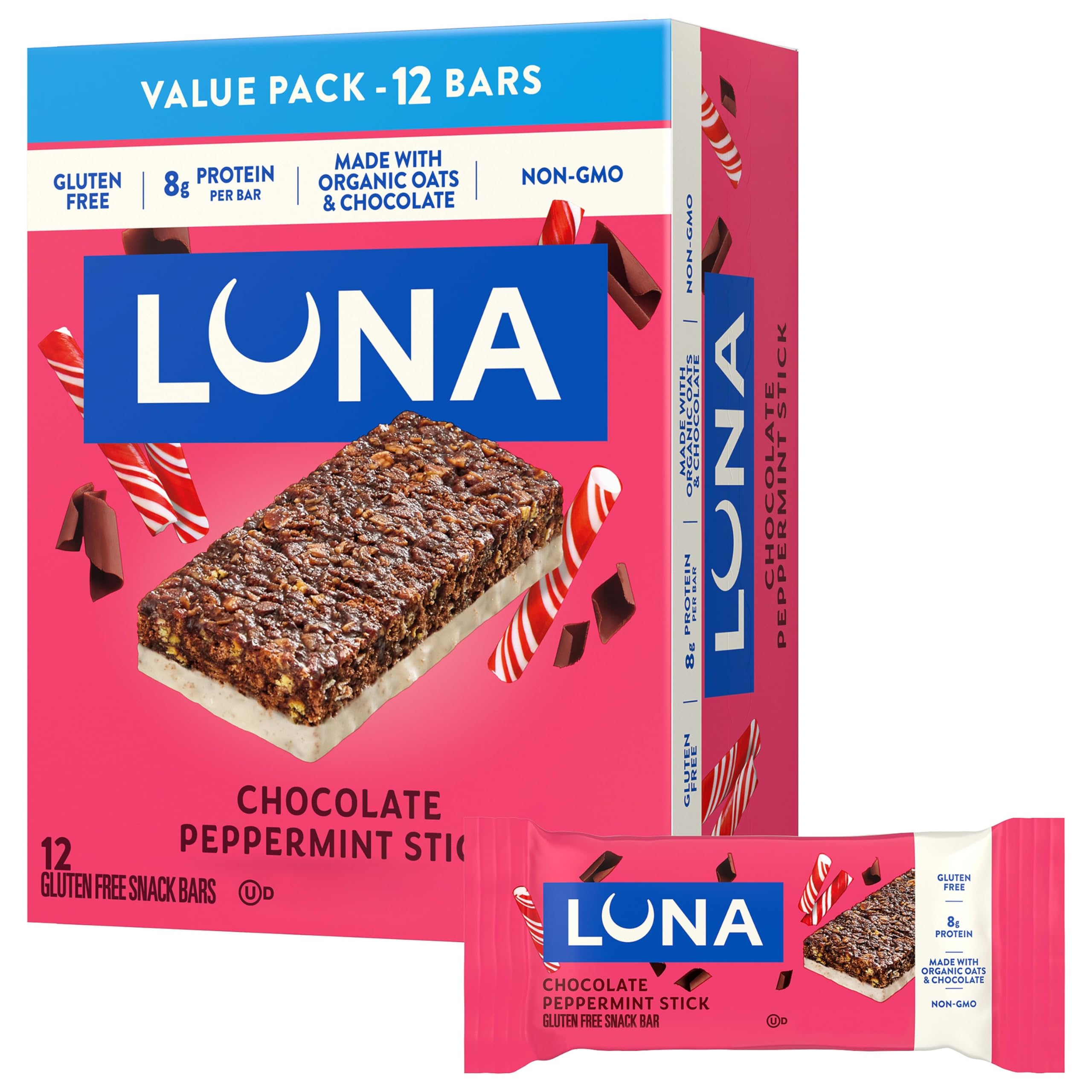 LUNA Bar - Chocolate Peppermint Stick Flavor - Gluten Free Snack Bars - Non-GMO - Protein Bars - Made with Organic Oats - Value Pack (12 Pack)