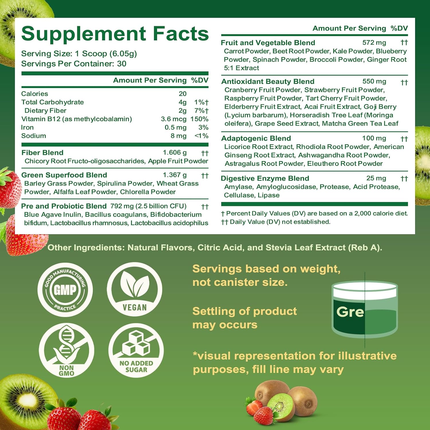 Super Greens Powder Superfood, Greens Juice Drink Mix with Spirulina, Chlorella, Adaptogens & Fiber, Digestive Enzymes, Pre + Probiotics Supplement for Women & Men Bloating & Gut Health, 30 Servings