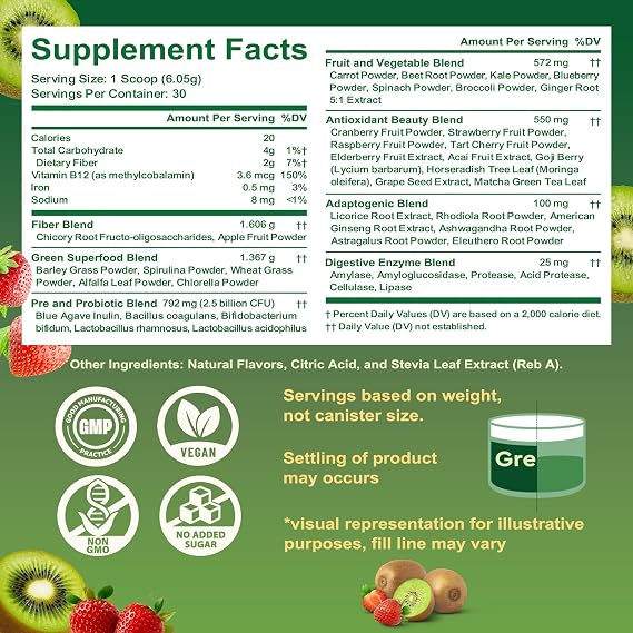 Super Greens Powder Superfood, Greens Juice Drink Mix with Spirulina, Chlorella, Adaptogens & Fiber, Digestive Enzymes, Pre + Probiotics Supplement for Women & Men Bloating & Gut Health, 30 Servings