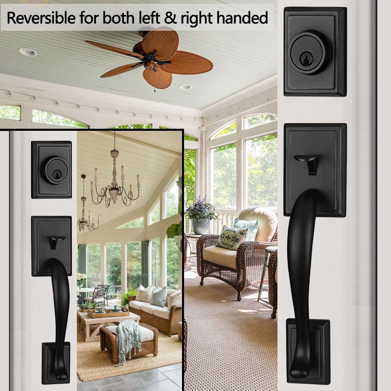 Double Front Door Handle Set with Matte Black(Keyed & Dummy Handle)