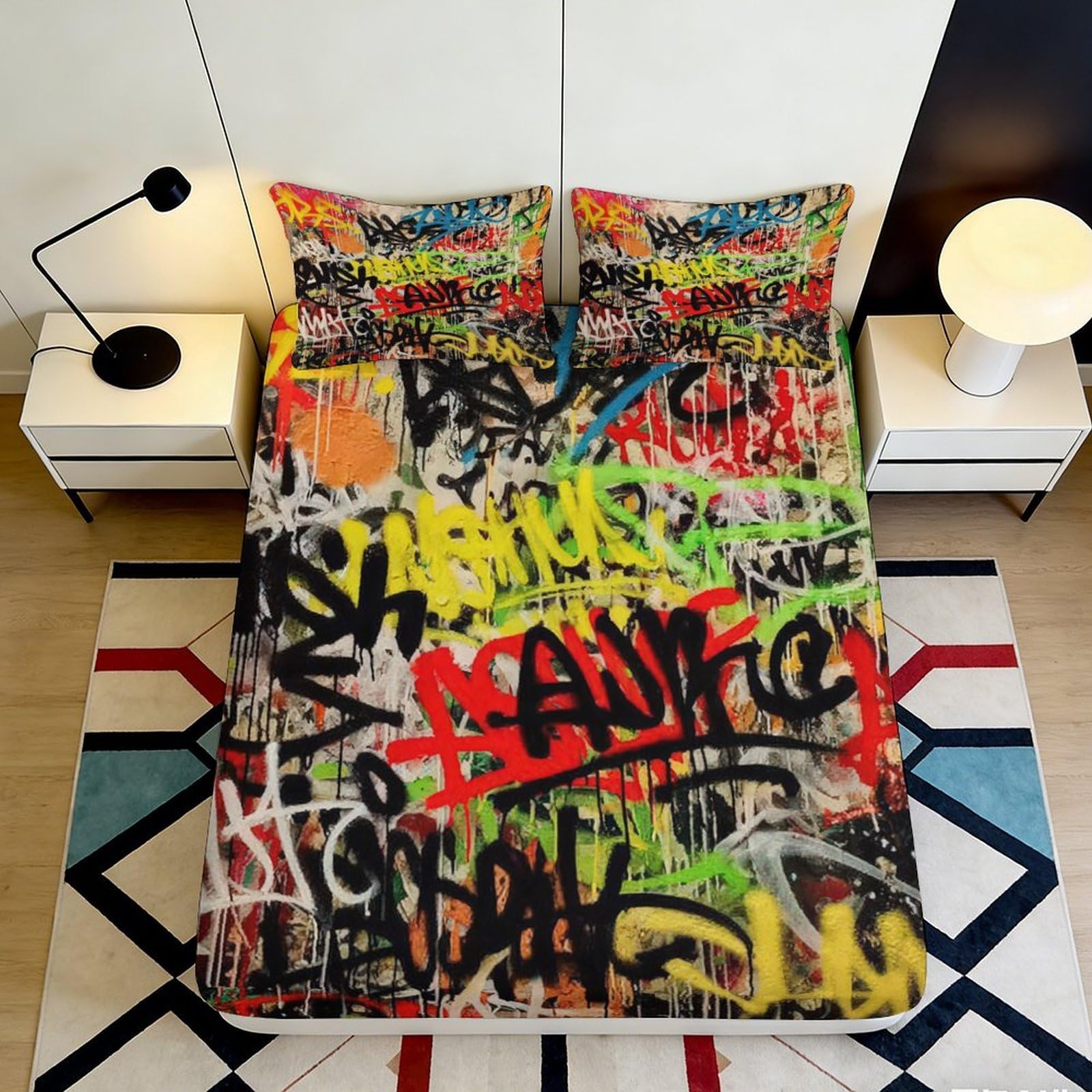 3D Printed Graffiti Art Fitted Sheet Microfiber Urban Street Style Mattress Cover for Bedroom Dorm Decor 160x200x25cm