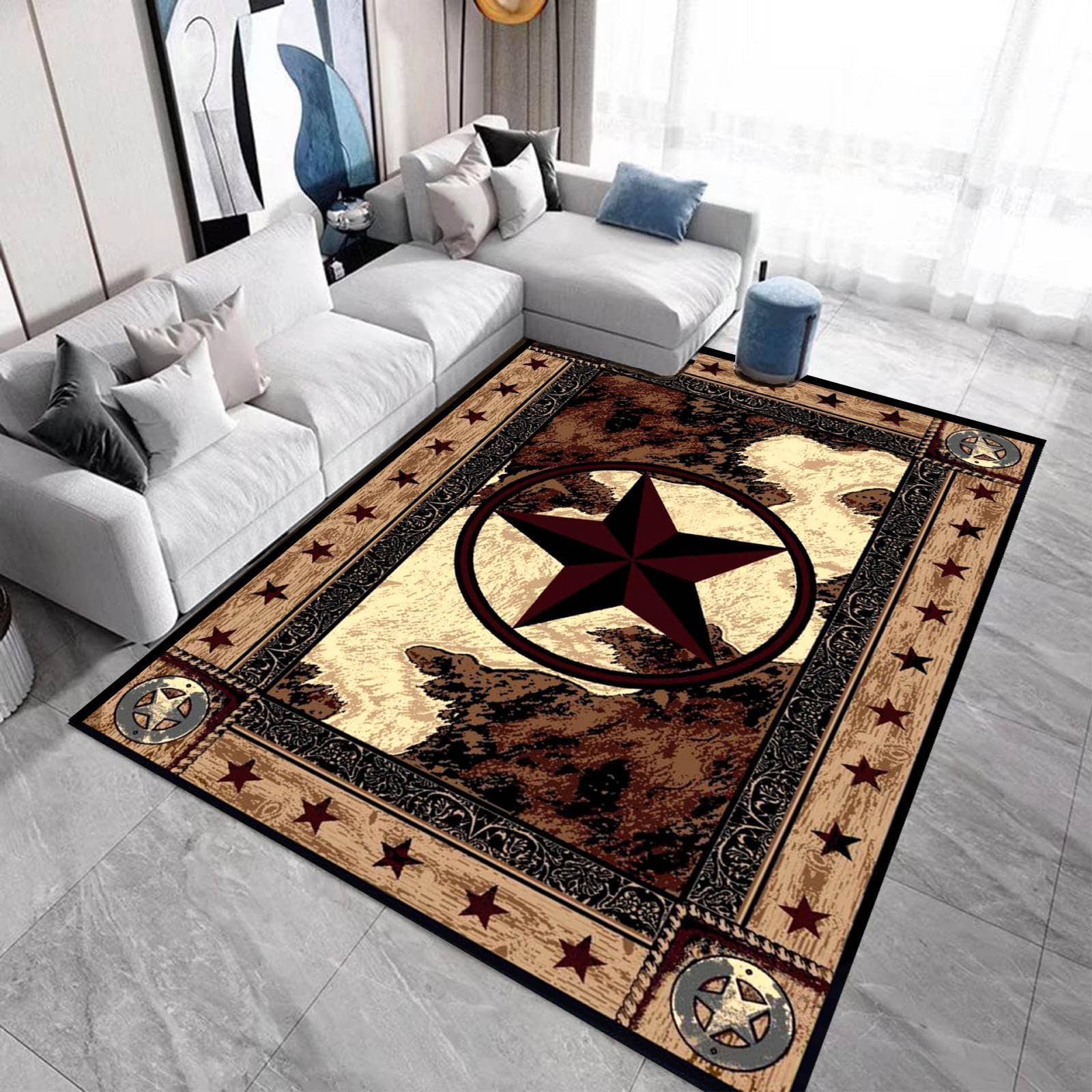 Rustic Western Texas Star Modern Area Rugs Cowhide Farmhouse Country Carpet Primitive Floor Mat Non-Slip Doormats Vintage Runner Rug for Living Room