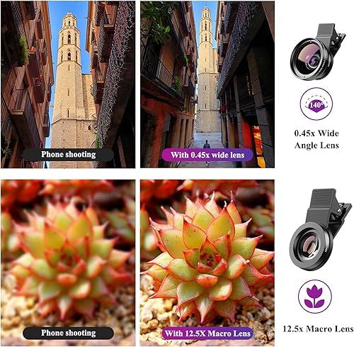 Miniatura 5 de Apexel Lente de cámara de teléfono, kit de lente de clip para teléfono celular 2 en 1, lente gran angular 0.45X, lente gran angular de 140  + lente