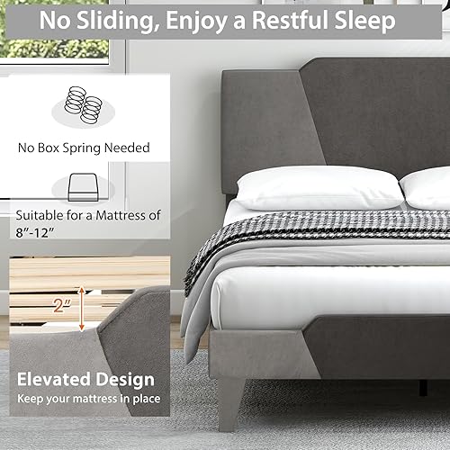 Miniatura 7 de Giantex Marco de cama tapizado de terciopelo completo con cabecero, cama de plataforma moderna con listones de madera fuertes y estribo de 2