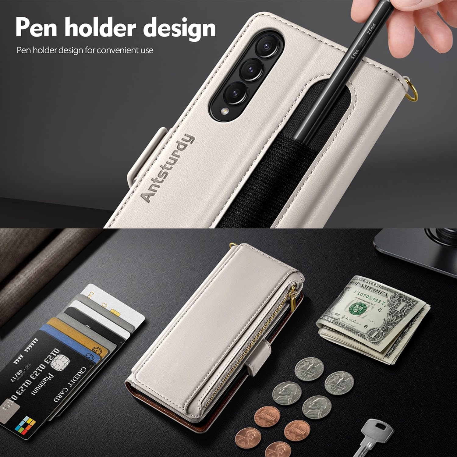 Antsturdy Compatible with Samsung Galaxy Z Fold 3 Case Wallet Women with【S Pen Holder】 Phone Case with Card Holder Strap PU Leather RFID Blocking Flip Protective Cover Credit Slots Men,Beige